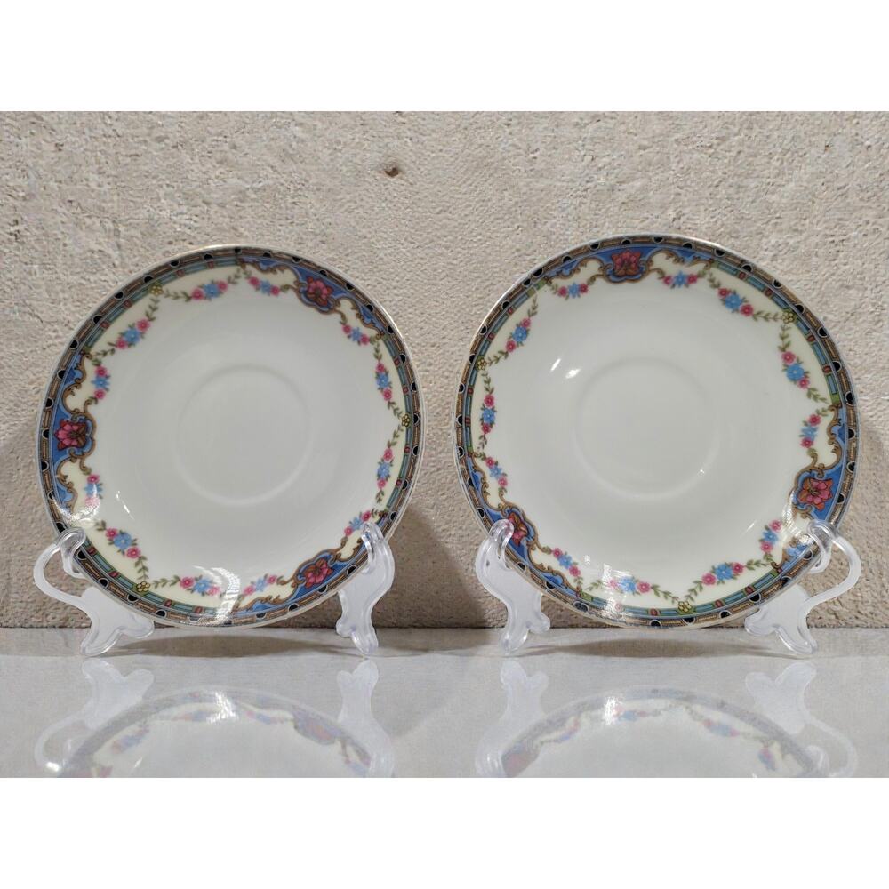 Set of 2 Gold China Made in Japan Floral Saucers 5 5/8” Blue Pink Flowers